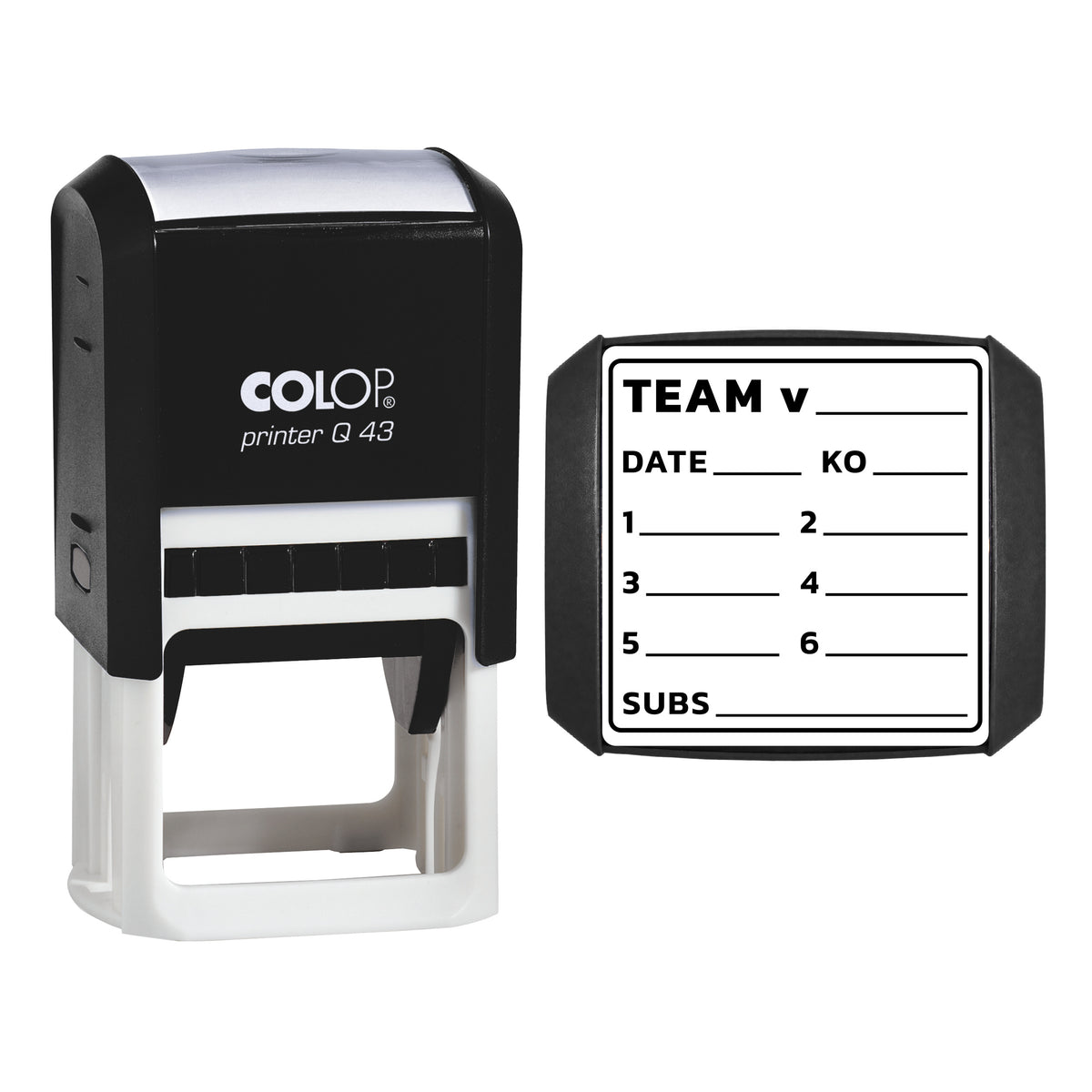 Stamp showing the Team Selection design, 43 x 43mm COLOP Q43 self-inking stamp, black ink
