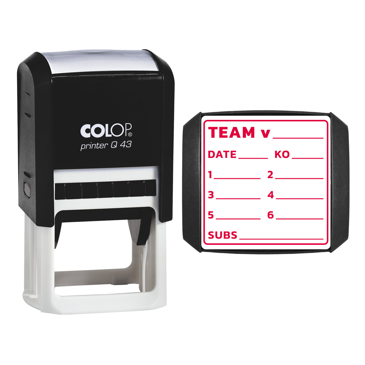 Stamp showing the Team Selection design, 43 x 43mm COLOP Q43 self-inking stamp, red ink