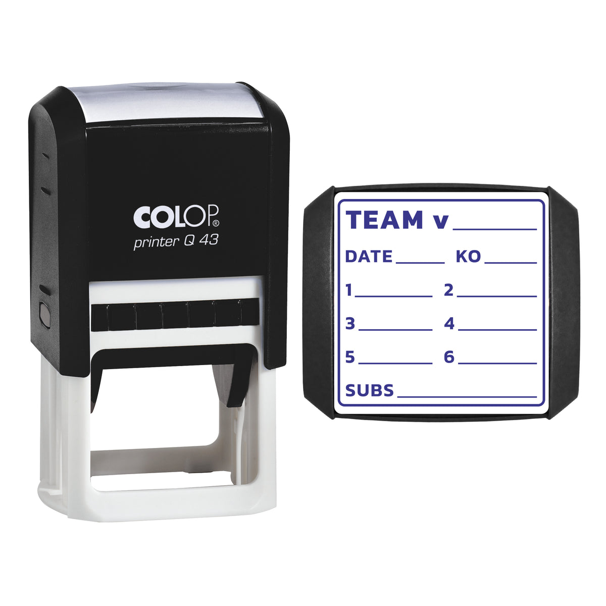 Stamp showing the Team Selection design, 43 x 43mm COLOP Q43 self-inking stamp, violet ink