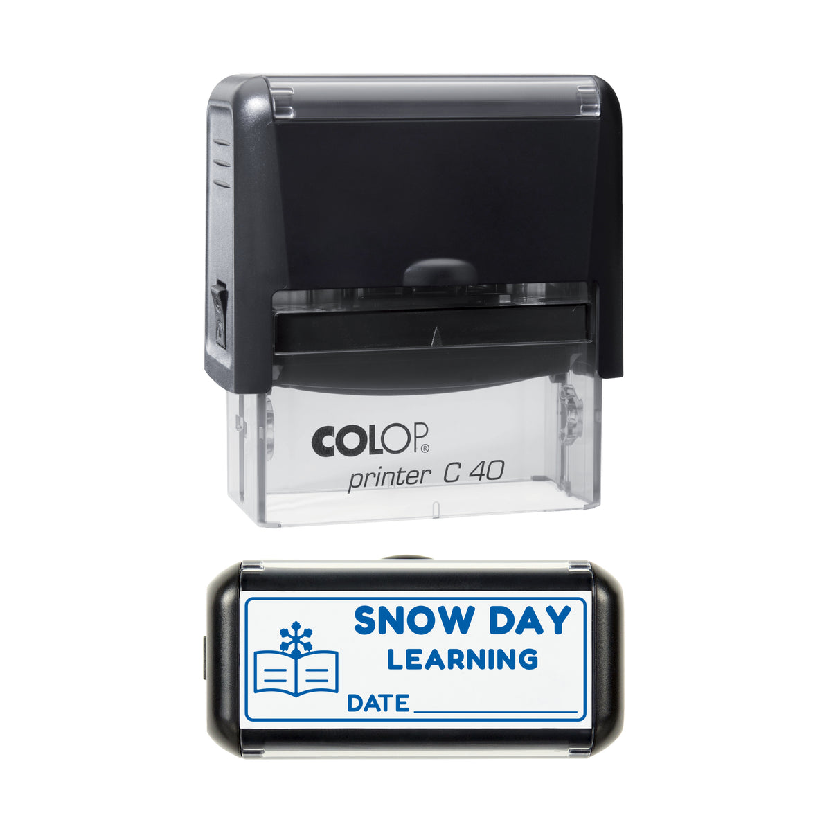 Stamp showing the Snow Day Learning design, 58 x 22mm COLOP C40 self-inking stamp, blue ink