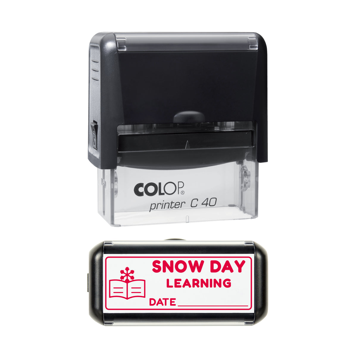 Stamp showing the Snow Day Learning design, 58 x 22mm COLOP C40 self-inking stamp, red ink