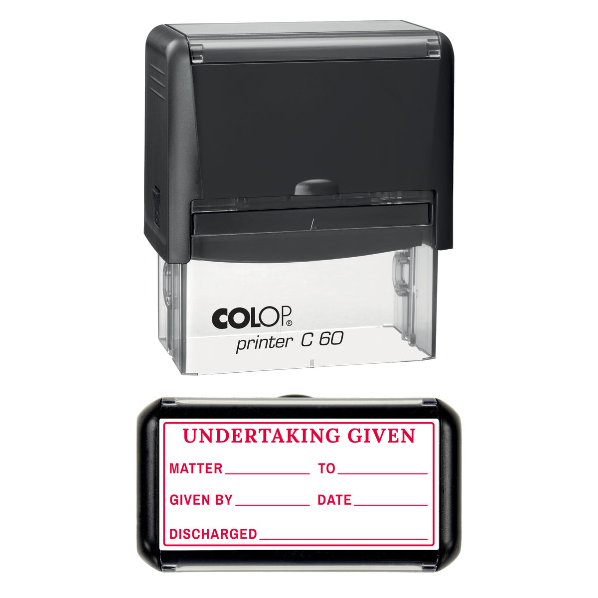 Stamp showing the Undertaking Given design, 77 x 36mm COLOP C60 self-inking stamp, red ink