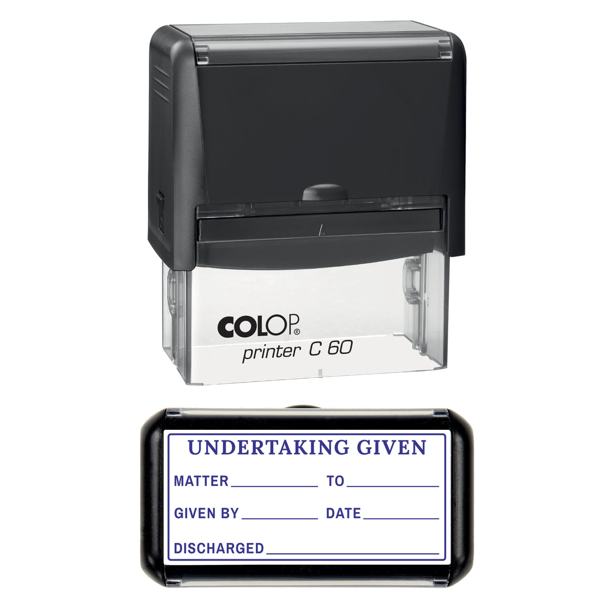Stamp showing the Undertaking Given design, 77 x 36mm COLOP C60 self-inking stamp, violet ink