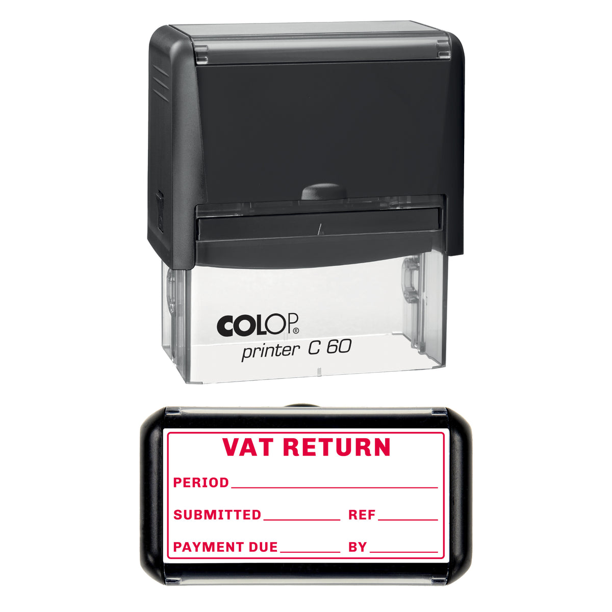 Stamp showing the VAT Return design, 77 x 36mm COLOP C60 self-inking stamp, red ink