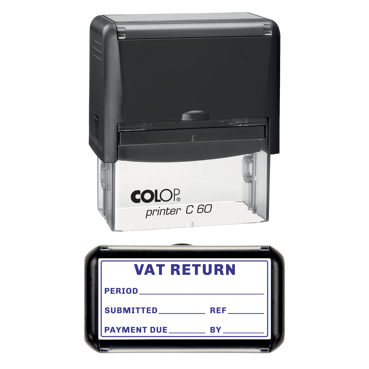 Stamp showing the VAT Return design, 77 x 36mm COLOP C60 self-inking stamp, violet ink