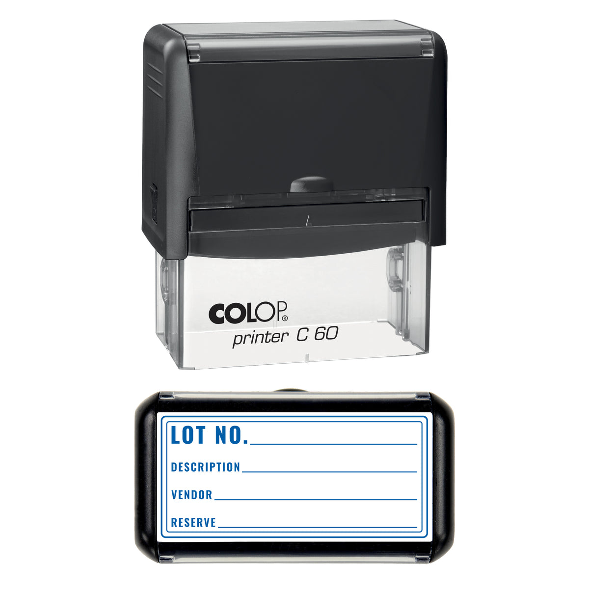 Stamp showing the Auction Lot design, 77 x 36mm COLOP C60 self-inking stamp, blue ink