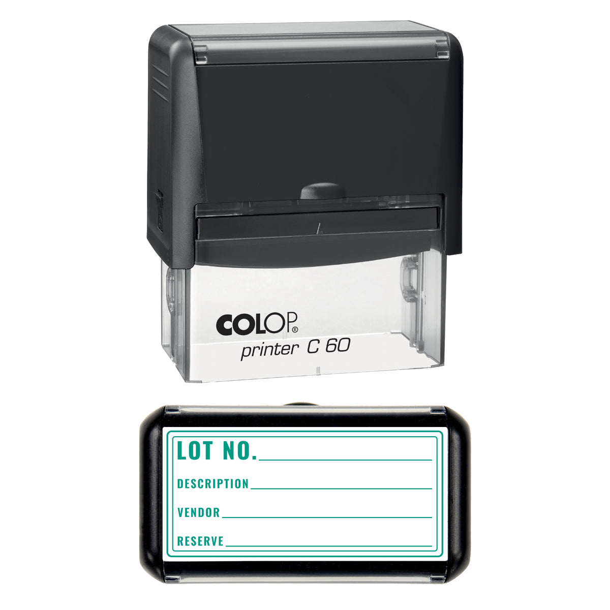 Stamp showing the Auction Lot design, 77 x 36mm COLOP C60 self-inking stamp, green ink