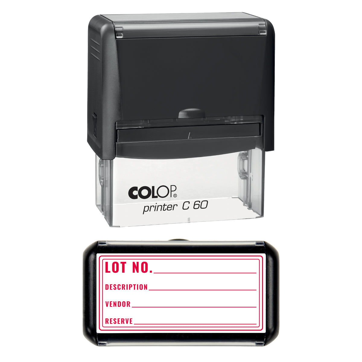Stamp showing the Auction Lot design, 77 x 36mm COLOP C60 self-inking stamp, red ink
