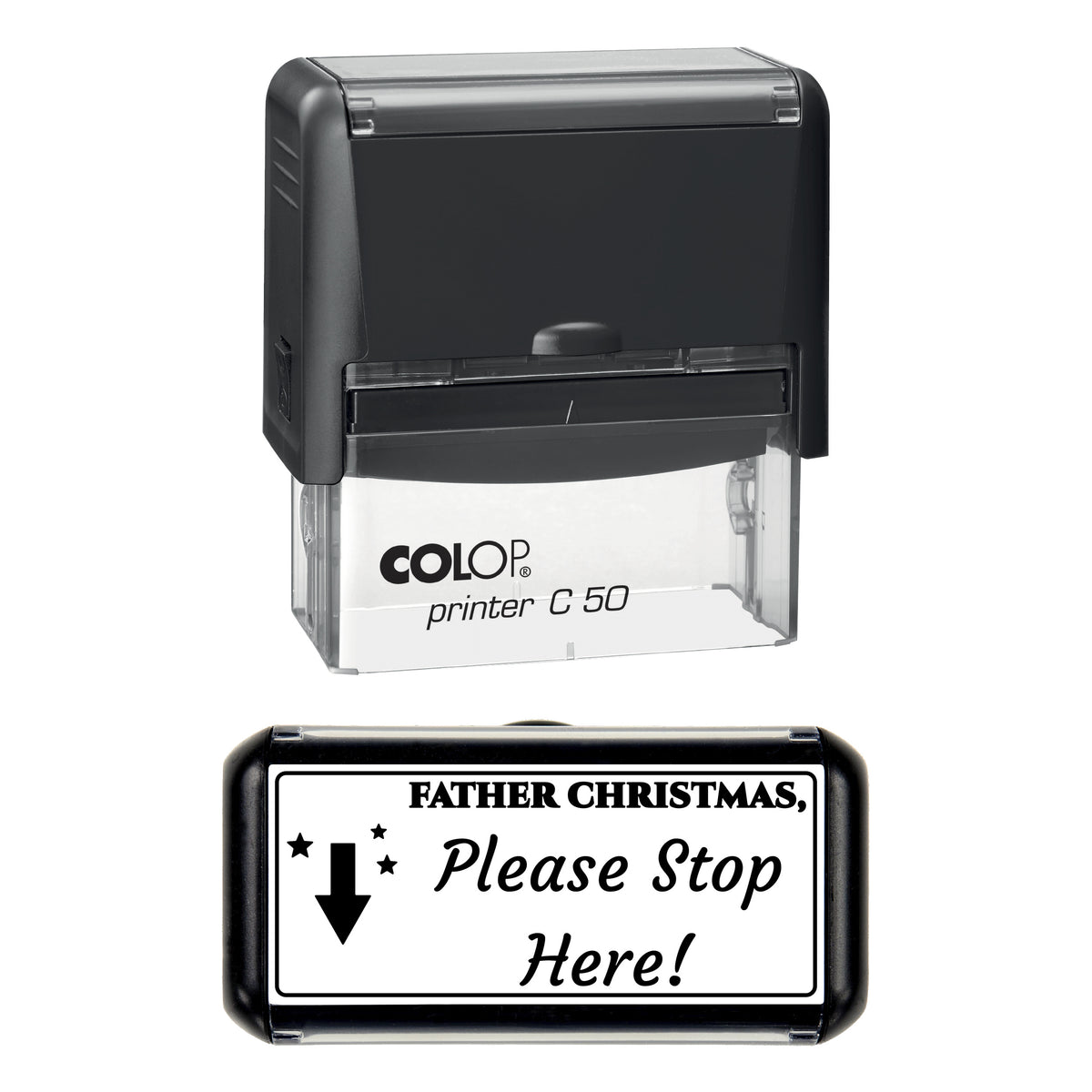 Stamp showing the Father Christmas Please Stop Here design, 70 x 30mm COLOP C50 self-inking stamp, black ink