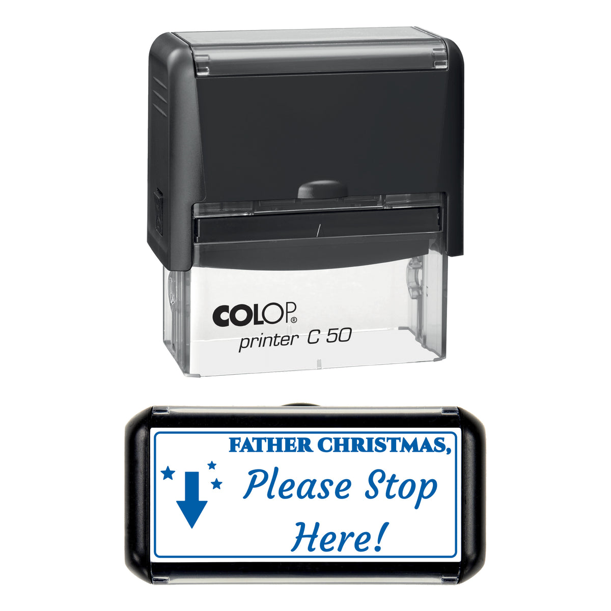 Stamp showing the Father Christmas Please Stop Here design, 70 x 30mm COLOP C50 self-inking stamp, blue ink