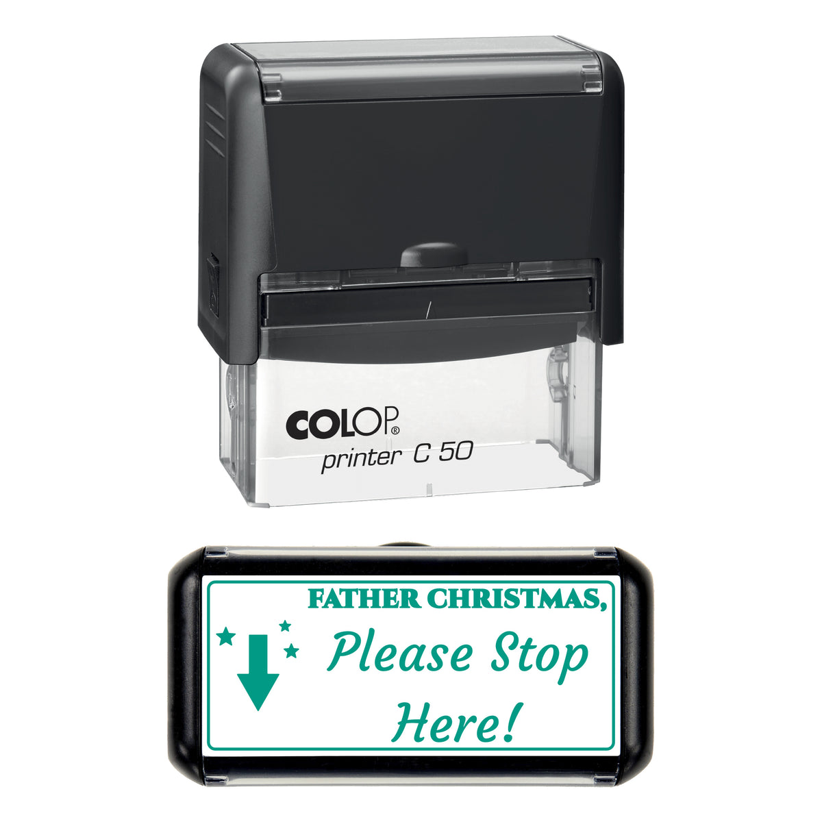Stamp showing the Father Christmas Please Stop Here design, 70 x 30mm COLOP C50 self-inking stamp, green ink