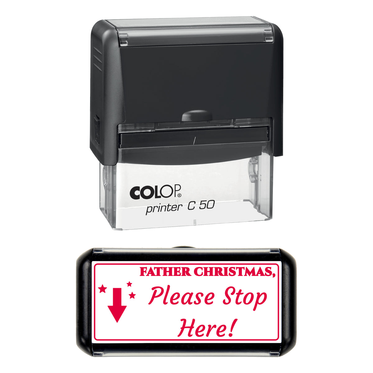 Stamp showing the Father Christmas Please Stop Here design, 70 x 30mm COLOP C50 self-inking stamp, red ink
