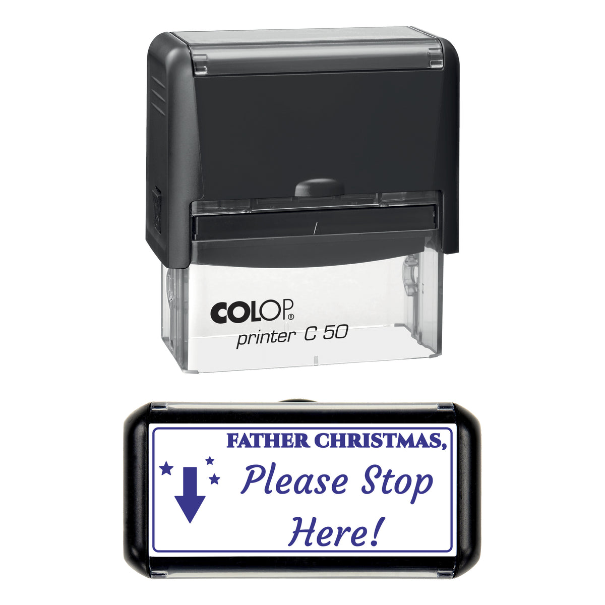 Stamp showing the Father Christmas Please Stop Here design, 70 x 30mm COLOP C50 self-inking stamp, violet ink