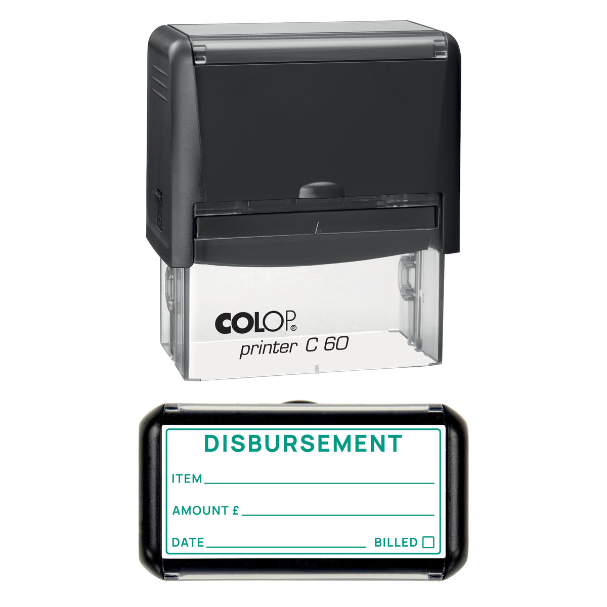 Stamp showing the Disbursement design, 77 x 36mm COLOP C60 self-inking stamp, green ink