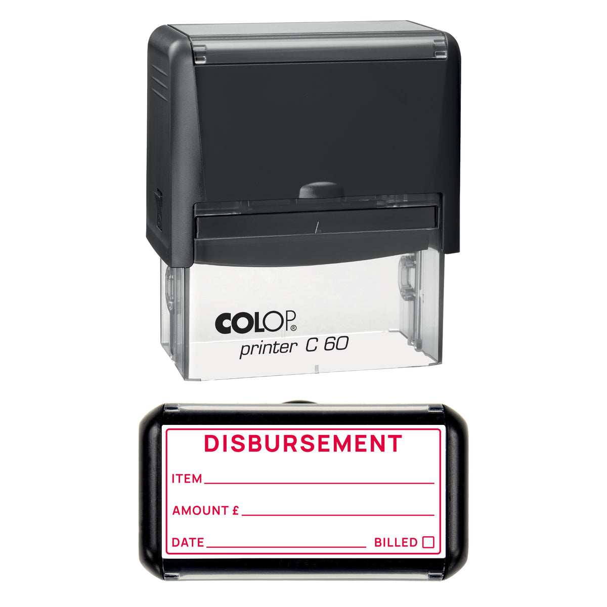 Stamp showing the Disbursement design, 77 x 36mm COLOP C60 self-inking stamp, red ink