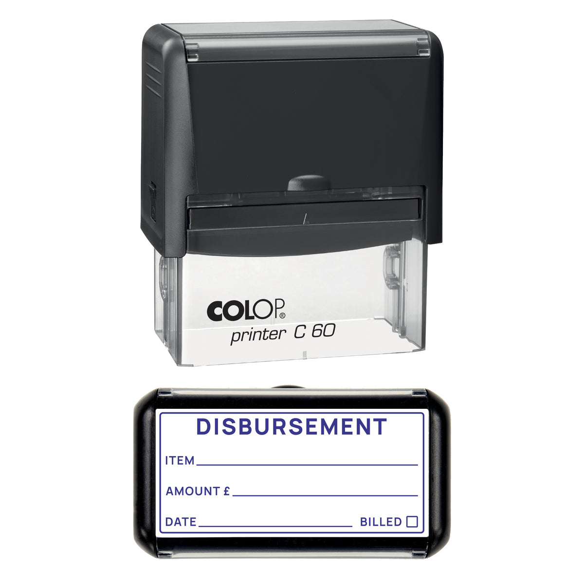 Stamp showing the Disbursement design, 77 x 36mm COLOP C60 self-inking stamp, violet ink