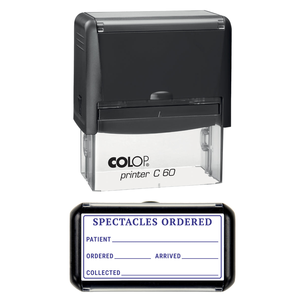 Stamp showing the Spectacles Ordered design, 77 x 36mm COLOP C60 self-inking stamp, violet ink