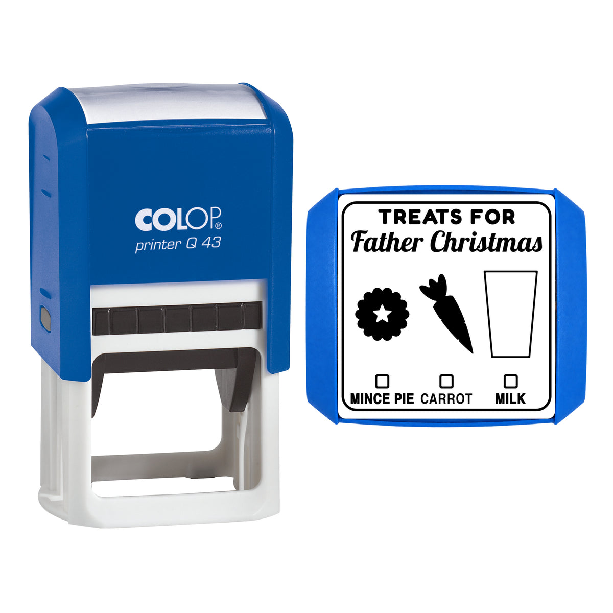Stamp showing the Treats for Father Christmas design, 43 x 43mm COLOP Q43 self-inking stamp, black ink