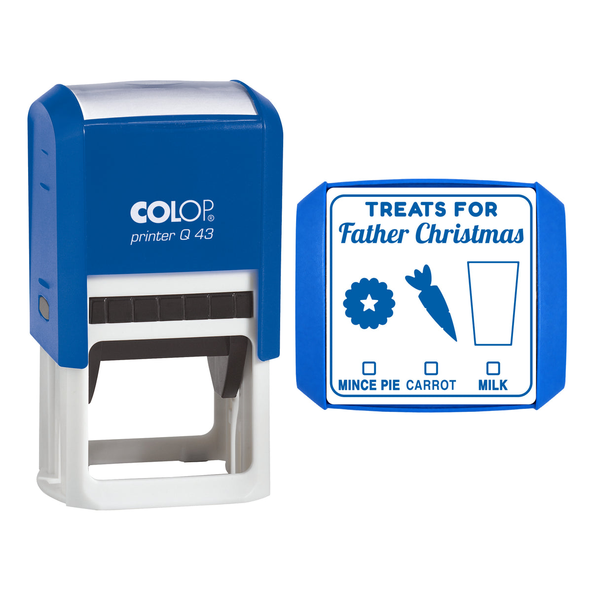 Stamp showing the Treats for Father Christmas design, 43 x 43mm COLOP Q43 self-inking stamp, blue ink