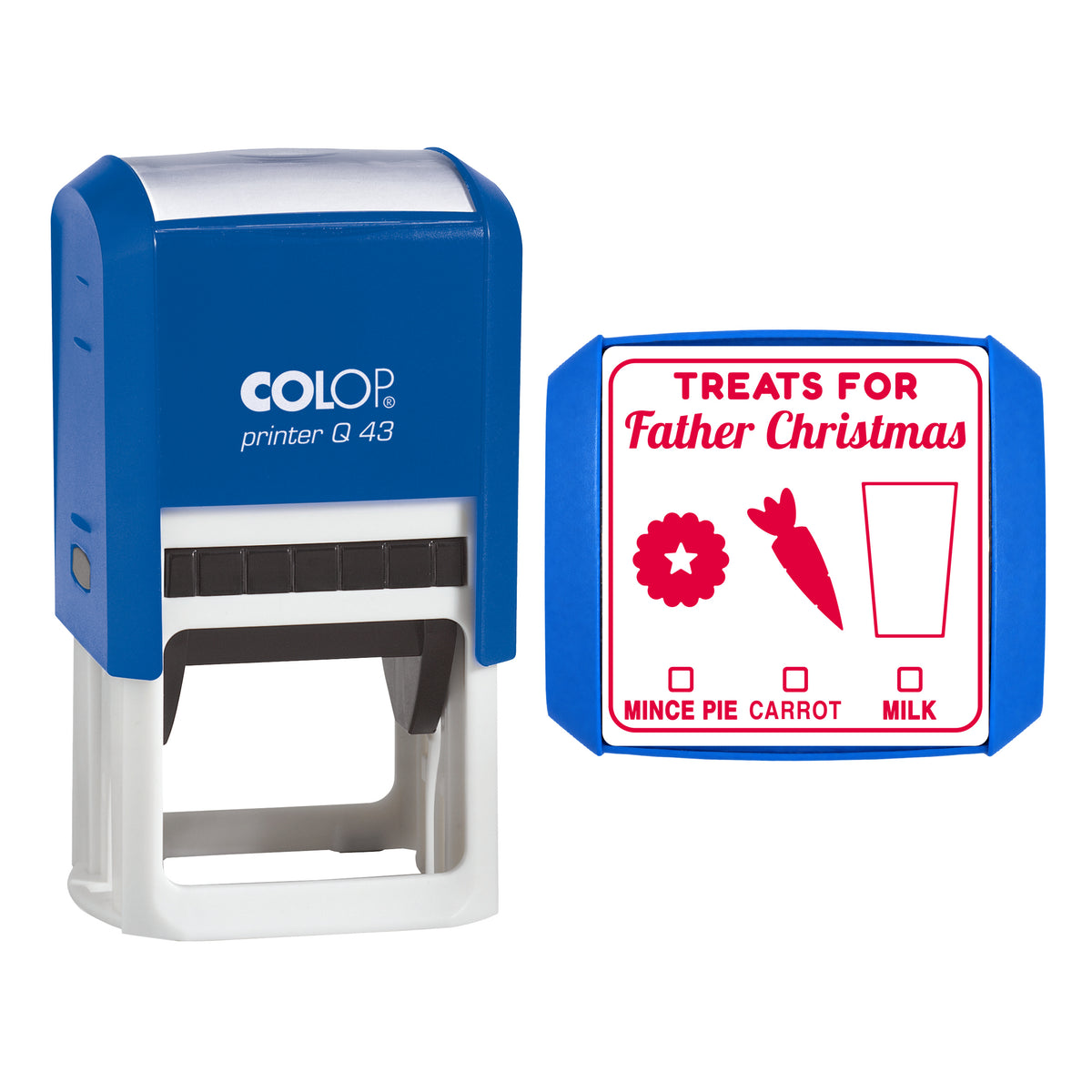 Stamp showing the Treats for Father Christmas design, 43 x 43mm COLOP Q43 self-inking stamp, red ink