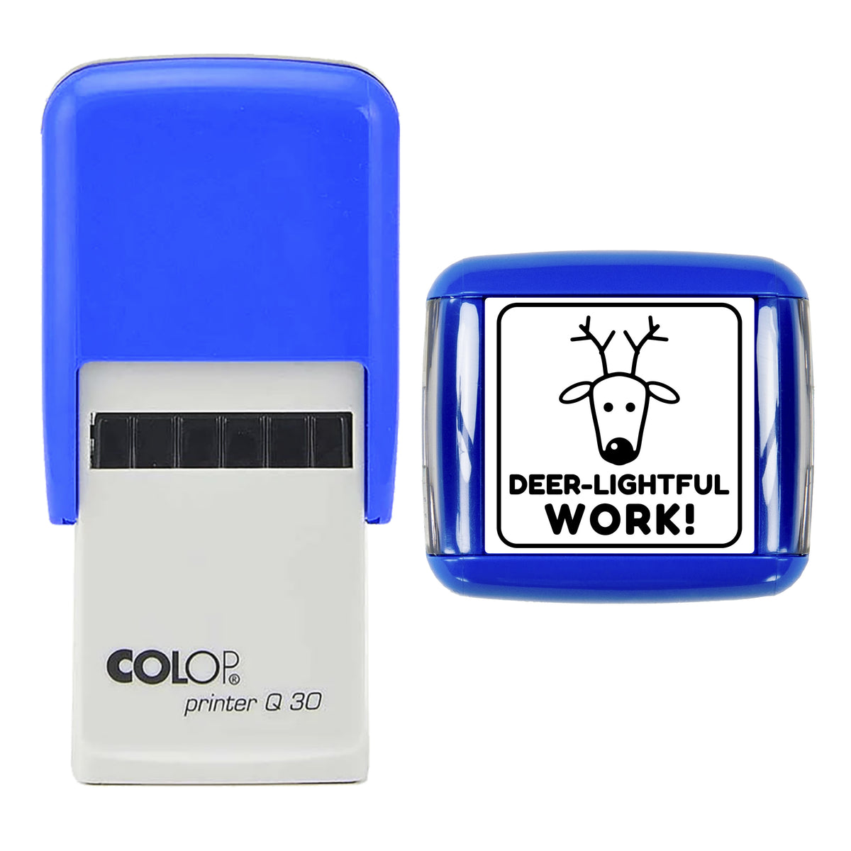 Stamp showing the Deer-lightful Work Christmas Reward design, 30 x 30mm COLOP Q30 self-inking stamp, black ink