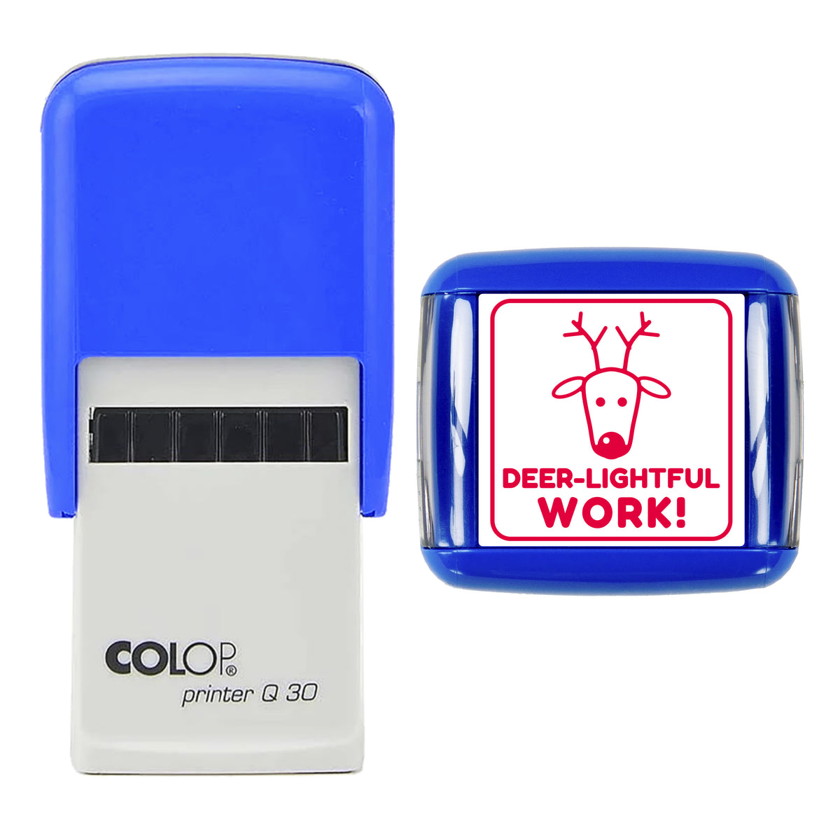 Stamp showing the Deer-lightful Work Christmas Reward design, 30 x 30mm COLOP Q30 self-inking stamp, red ink