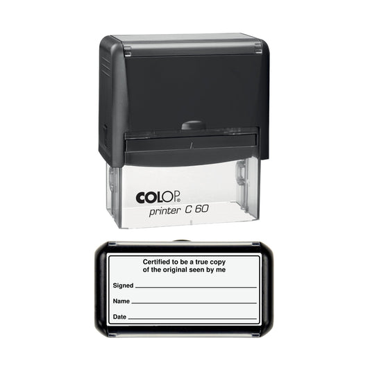 Stamp showing the Certified True Copy of the Original Seen by Me with Signed, Name and Date design, 77 x 36mm COLOP C60 self-inking stamp, black ink