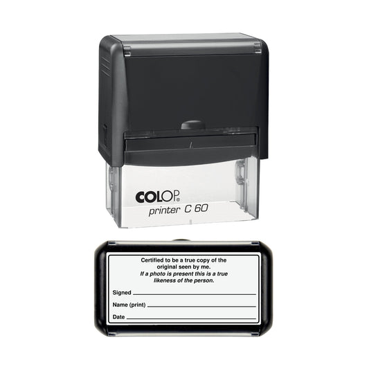 Stamp showing the Certified True Copy and Photo Likeness with Signed, Name and Date design, 77 x 36mm COLOP C60 self-inking stamp, black ink