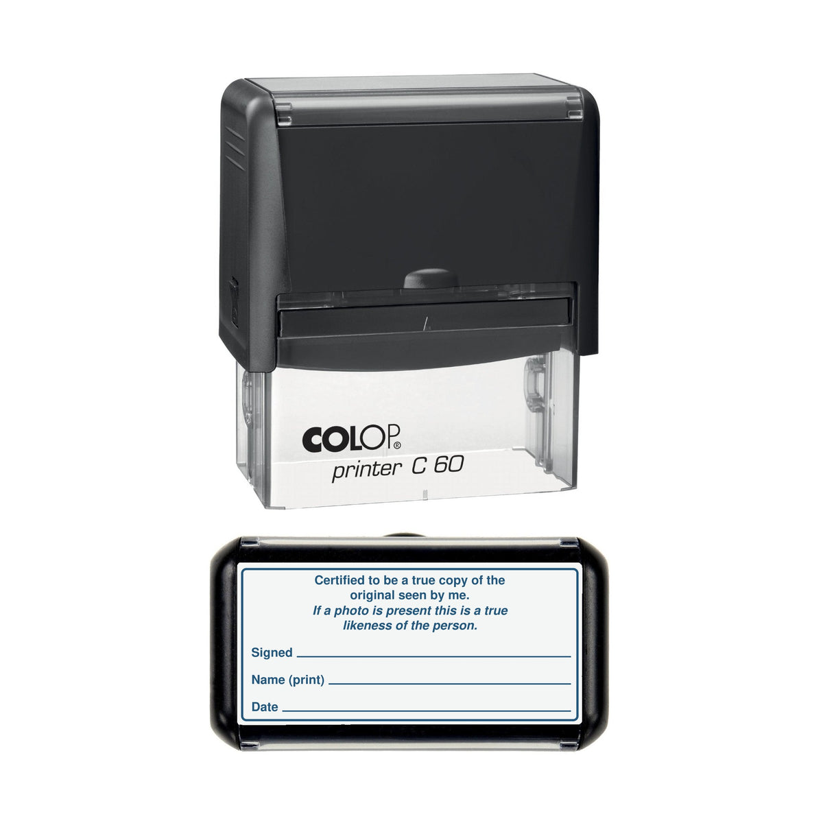 Stamp showing the Certified True Copy and Photo Likeness with Signed, Name and Date design, 77 x 36mm COLOP C60 self-inking stamp, blue ink