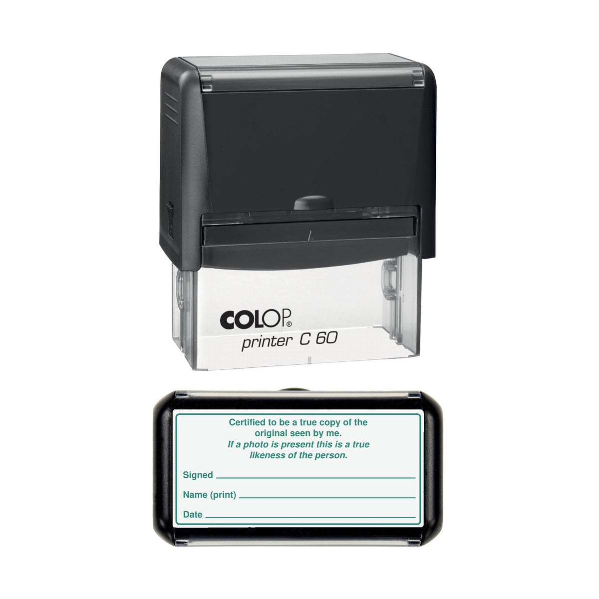 Stamp showing the Certified True Copy and Photo Likeness with Signed, Name and Date design, 77 x 36mm COLOP C60 self-inking stamp, green ink