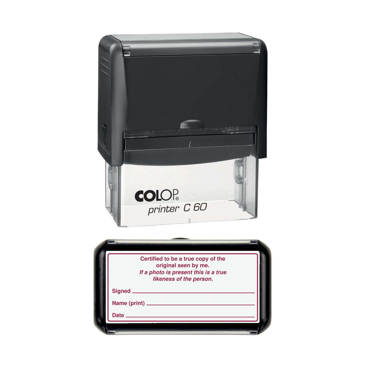 Stamp showing the Certified True Copy and Photo Likeness with Signed, Name and Date design, 77 x 36mm COLOP C60 self-inking stamp, red ink