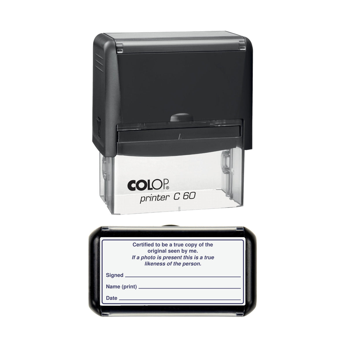 Stamp showing the Certified True Copy and Photo Likeness with Signed, Name and Date design, 77 x 36mm COLOP C60 self-inking stamp, violet ink