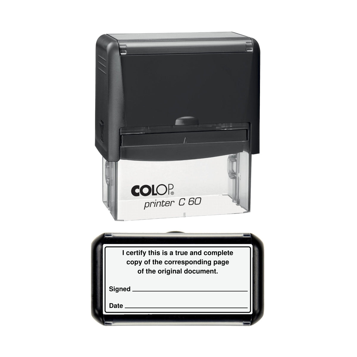 Stamp showing the True and Complete Copy of the Corresponding Page of the Original Document design, 77 x 36mm COLOP C60 self-inking stamp, black ink
