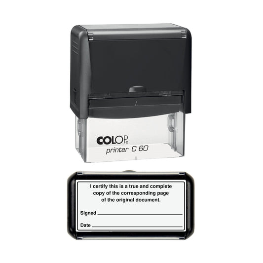 Stamp showing the True and Complete Copy of the Corresponding Page of the Original Document design, 77 x 36mm COLOP C60 self-inking stamp, black ink