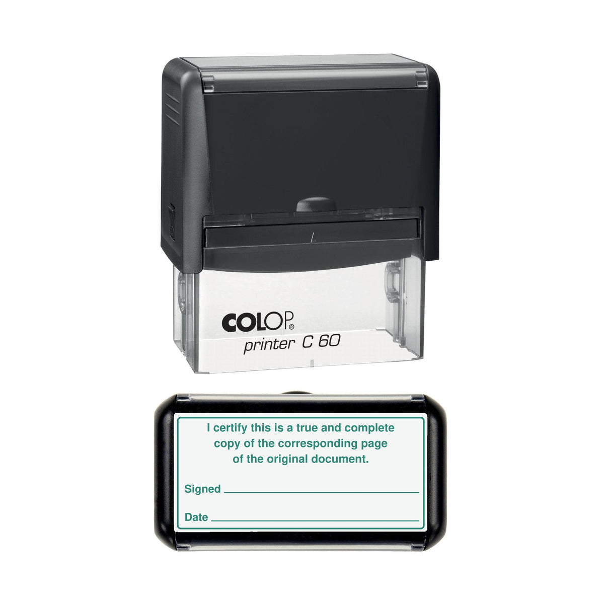 Stamp showing the True and Complete Copy of the Corresponding Page of the Original Document design, 77 x 36mm COLOP C60 self-inking stamp, green ink