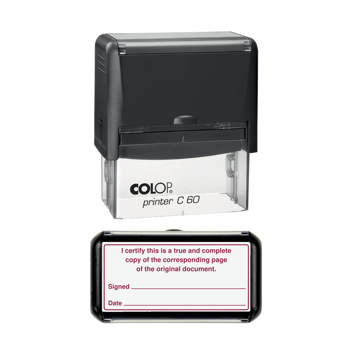 Stamp showing the True and Complete Copy of the Corresponding Page of the Original Document design, 77 x 36mm COLOP C60 self-inking stamp, red ink