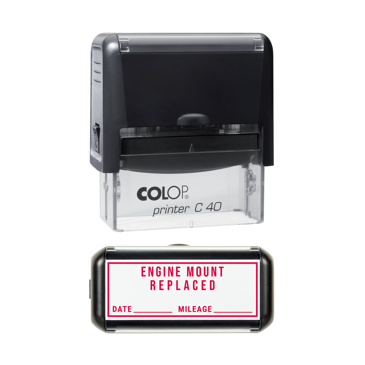 Stamp showing the Engine Mount Replaced design, 58 x 22mm COLOP C40 self-inking stamp, red ink