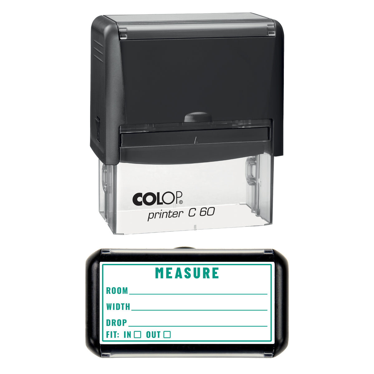 Stamp showing the Blind and Curtain Measure design, 77 x 36mm COLOP C60 self-inking stamp, green ink