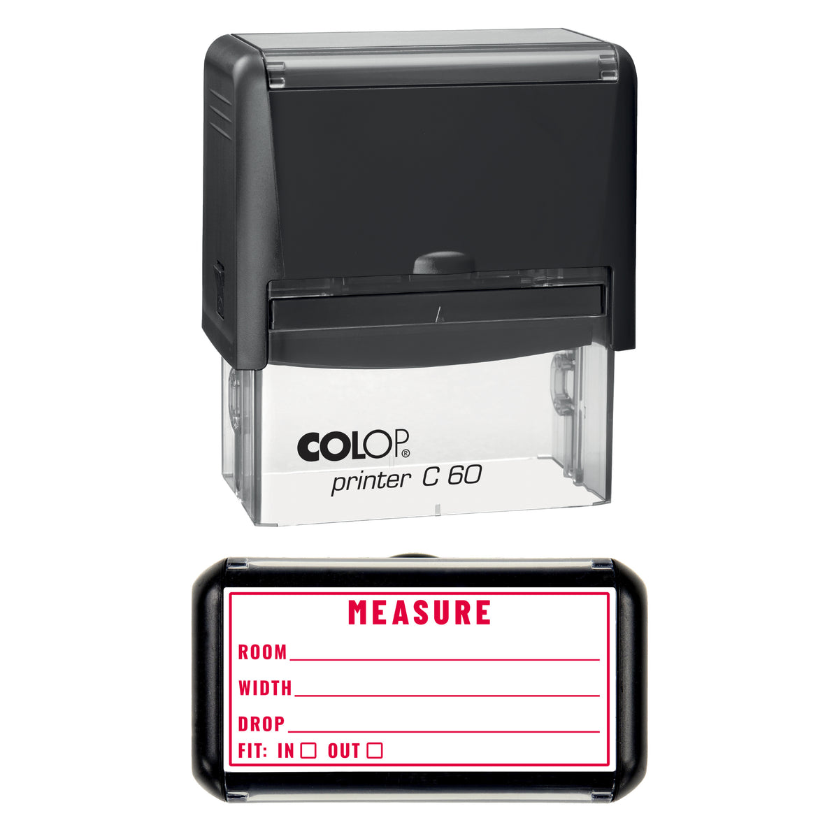 Stamp showing the Blind and Curtain Measure design, 77 x 36mm COLOP C60 self-inking stamp, red ink