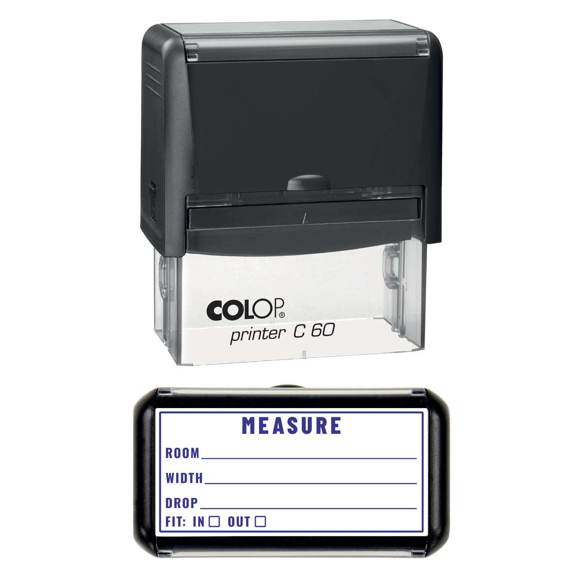 Stamp showing the Blind and Curtain Measure design, 77 x 36mm COLOP C60 self-inking stamp, violet ink