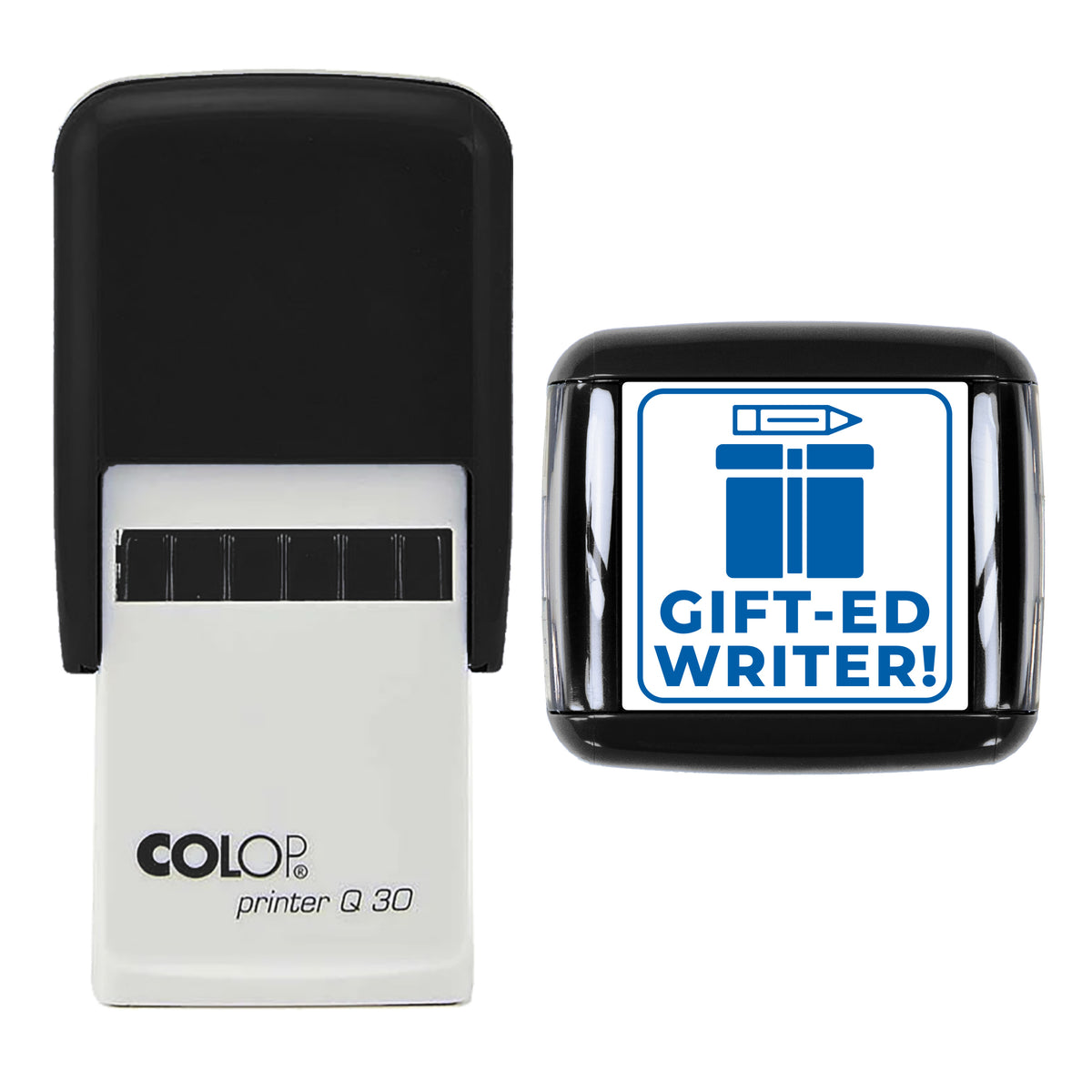 Gift-ed Writer Christmas Reward Stamp, COLOP Q30, 30 x 30mm, blue ink