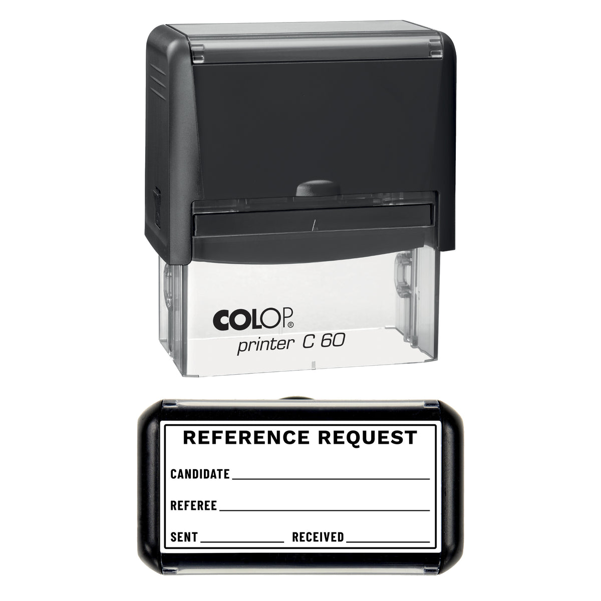 Stamp showing the Reference Request design, 77 x 36mm COLOP C60 self-inking stamp, black ink