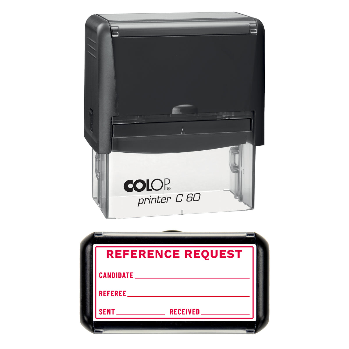 Stamp showing the Reference Request design, 77 x 36mm COLOP C60 self-inking stamp, red ink