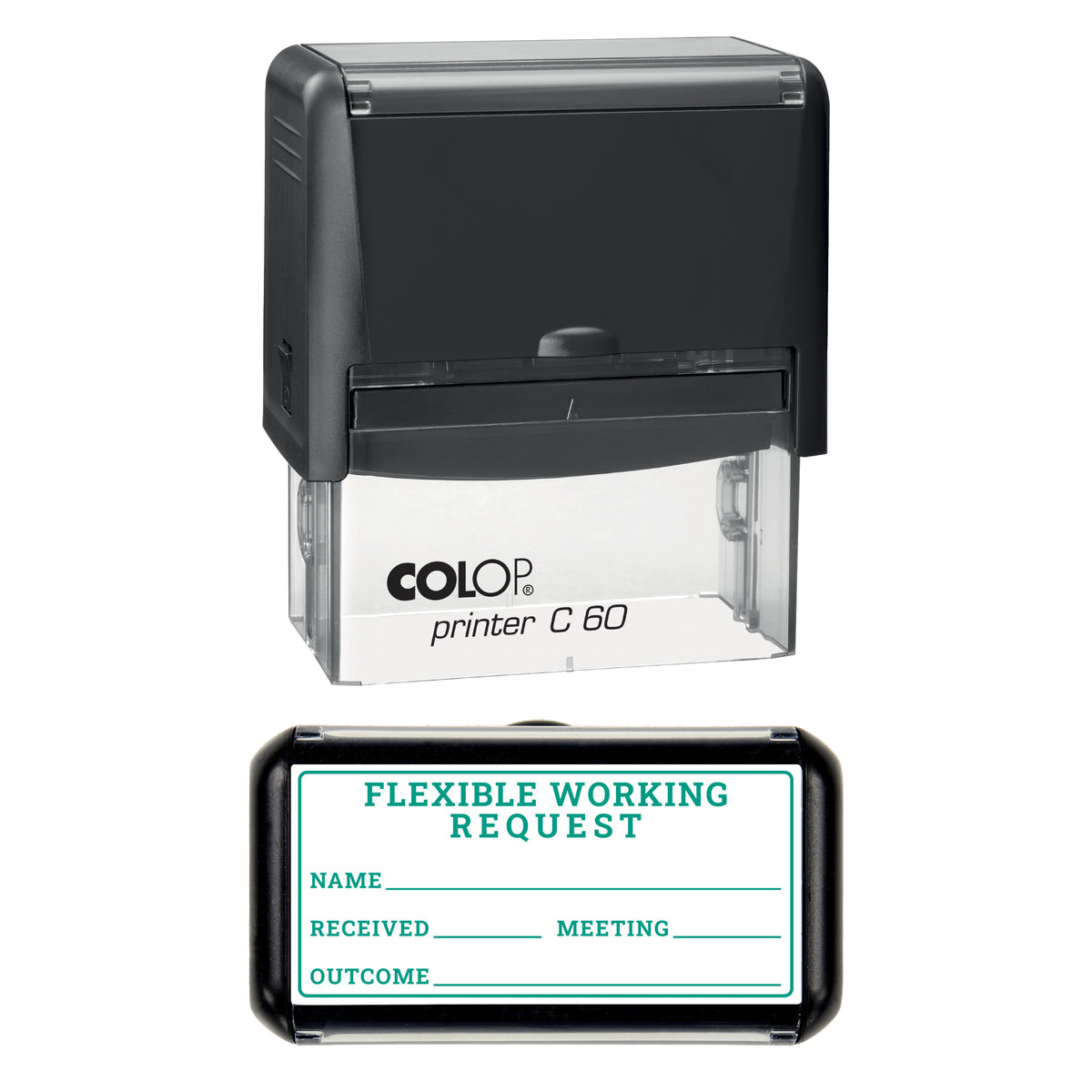 Stamp showing the Flexible Working Request design, 77 x 36mm COLOP C60 self-inking stamp, green ink