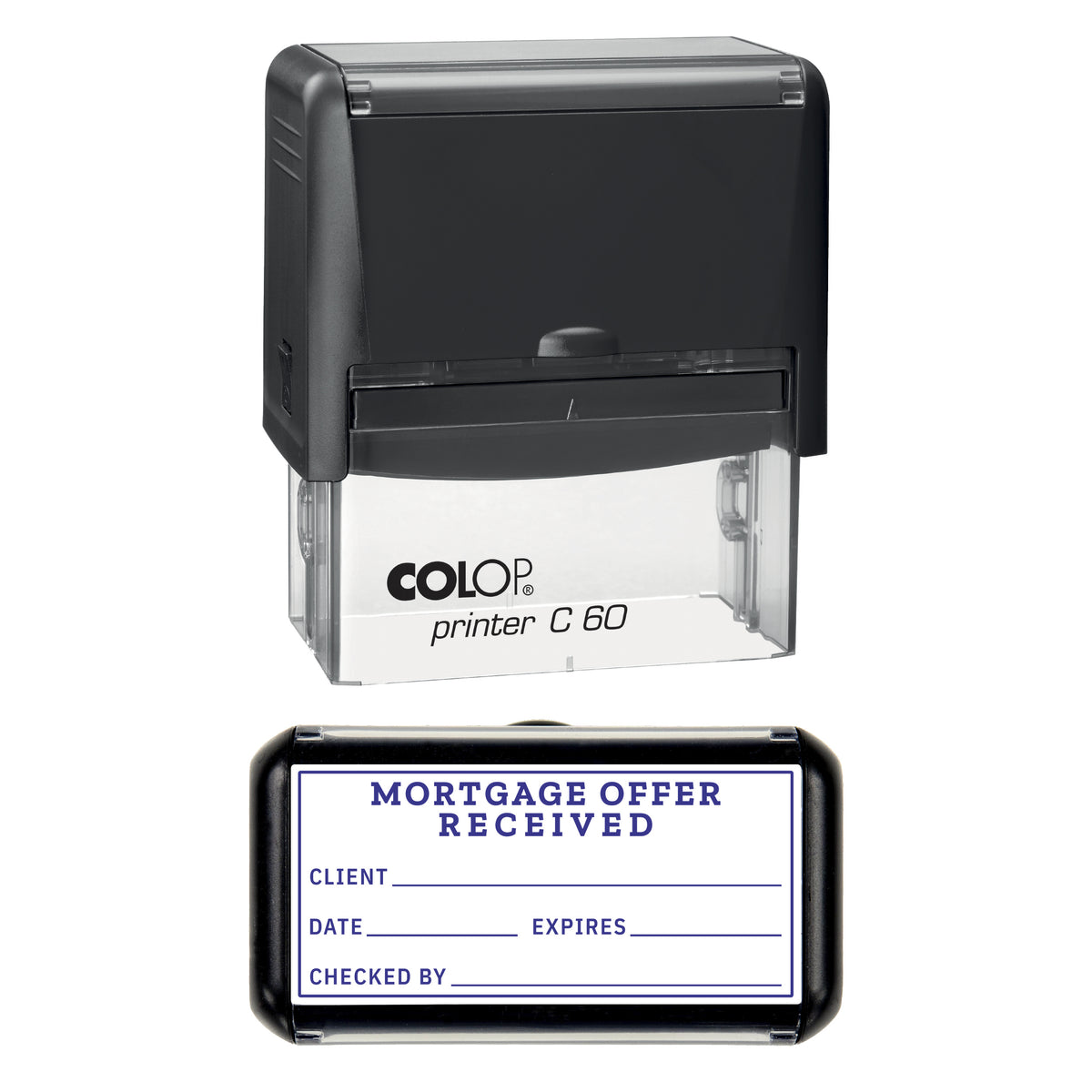 Stamp showing the Mortgage Offer Received design, 77 x 36mm COLOP C60 self-inking stamp, violet ink