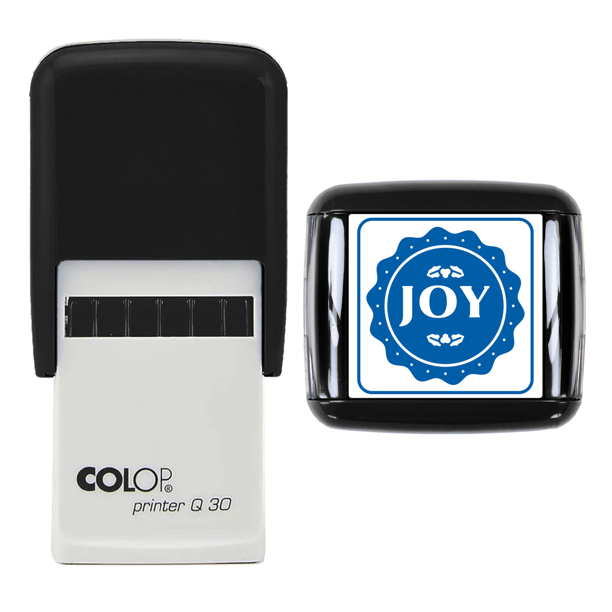 Joy Christmas Wax Seal Style Stamp, COLOP Q30, 30 x 30mm, blue ink
