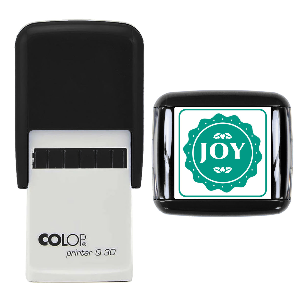 Joy Christmas Wax Seal Style Stamp, COLOP Q30, 30 x 30mm, green ink
