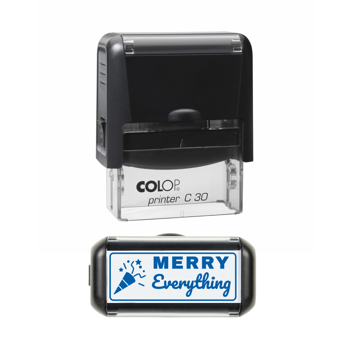 Merry Everything Christmas Greeting Stamp, COLOP C30, 45 x 18mm, blue ink