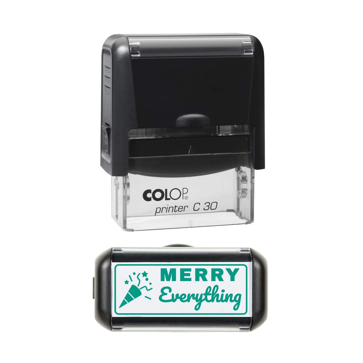 Merry Everything Christmas Greeting Stamp, COLOP C30, 45 x 18mm, green ink