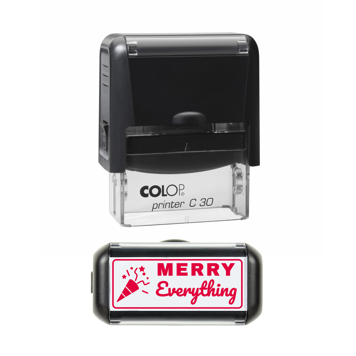 Merry Everything Christmas Greeting Stamp, COLOP C30, 45 x 18mm, red ink